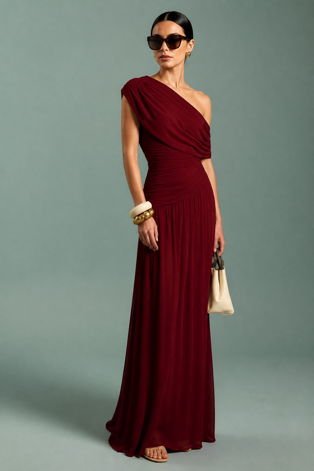 Vestido Maxi Plisado con Hombros Descubiertos