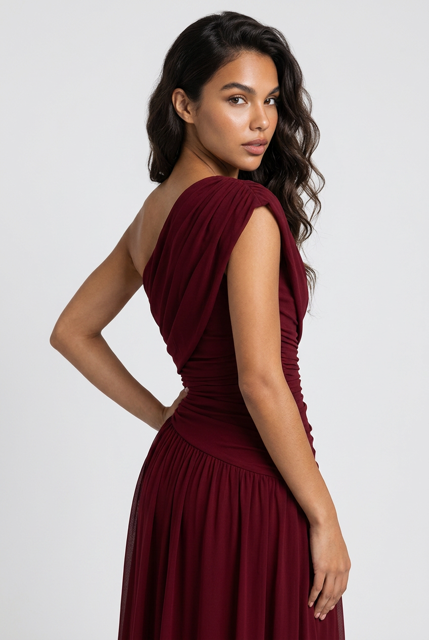 Vestido Maxi Plisado con Hombros Descubiertos